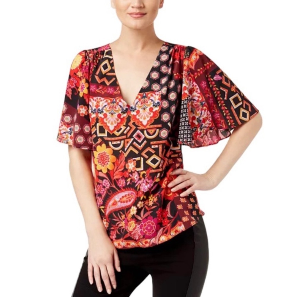 Trina Turk Womens Kirkwood Printed Top Size S Short Sleeve 100% Silk Multicolor